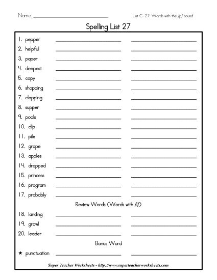 List C-27 - List 27: Word List (Printable PDF Worksheet)