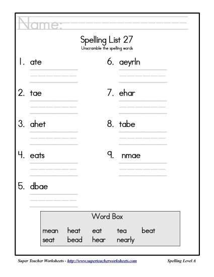 List A-27 - List 27: Word Scramble (Printable PDF Worksheet)