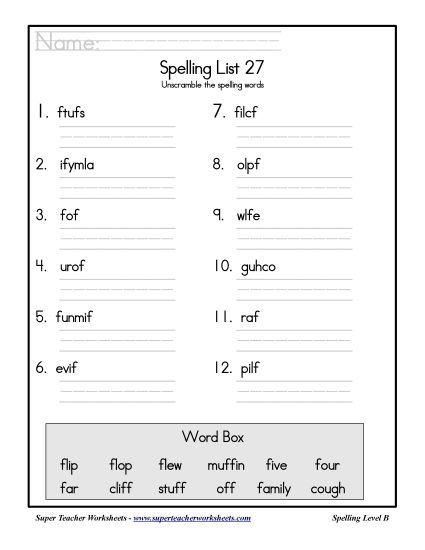 List B-27 - List 27: Word Scramble (Printable PDF Worksheet)