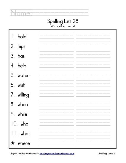 List B-28 - List 28: Word List (Printable PDF Worksheet)