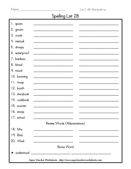 List C-28 - List 28: Word List (Printable PDF Worksheet)