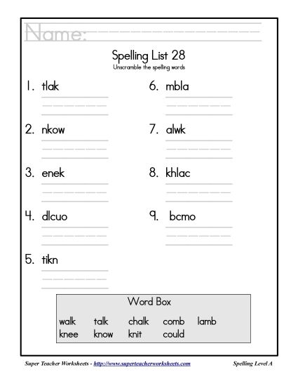 List A-28 - List 28: Word Scramble (Printable PDF Worksheet)