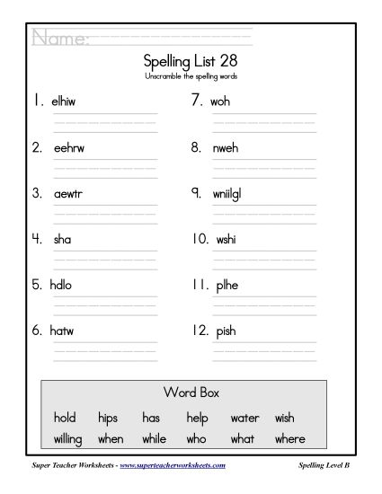 List B-28 - List 28: Word Scramble (Printable PDF Worksheet)