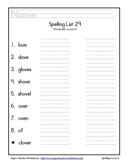 List A-29 - List 29: Word List (Printable PDF Worksheet)