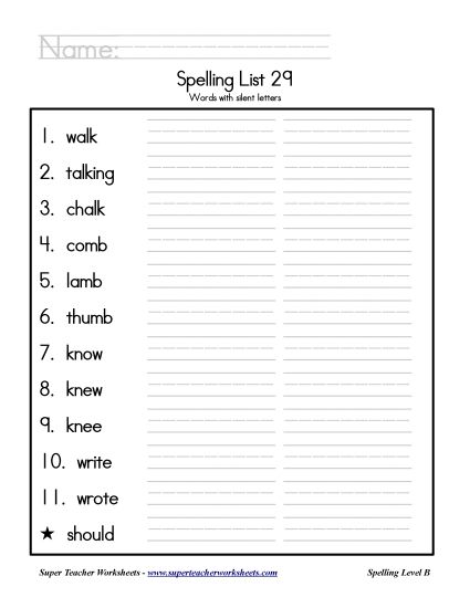 List B-29 - List 29: Word List (Printable PDF Worksheet)