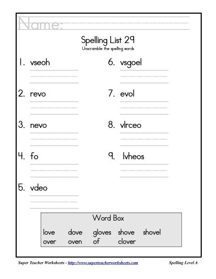 List A-29 - List 29: Word Scramble (Printable PDF Worksheet)