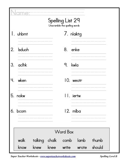 List B-29 - List 29: Word Scramble (Printable PDF Worksheet)