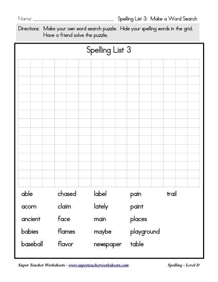 List D-3 - List 3: Make a Word Search (Printable PDF Worksheet)