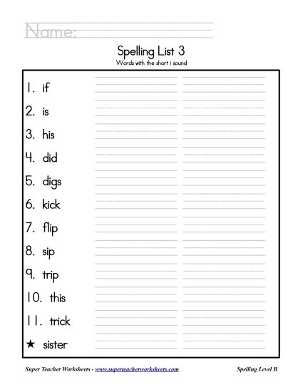 List B-3 - List 3: Word List (Printable PDF Worksheet)