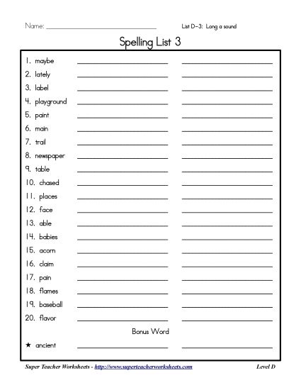 List D-3 - List 3: Word List (Printable PDF Worksheet)