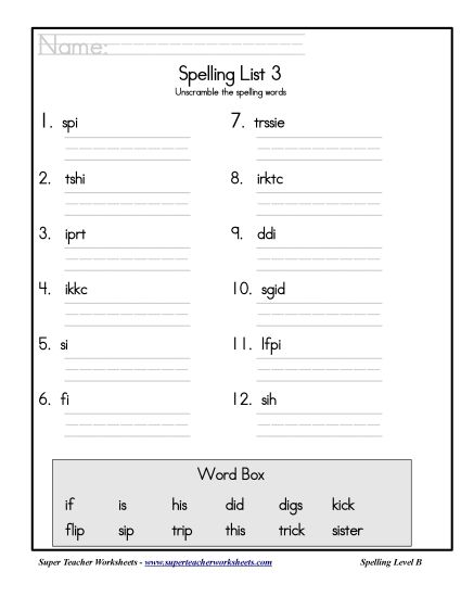 List B-3 - List 3: Word Scramble (Printable PDF Worksheet)