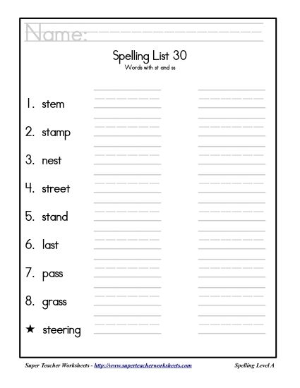 List A-30 - List 30: Word List (Printable PDF Worksheet)