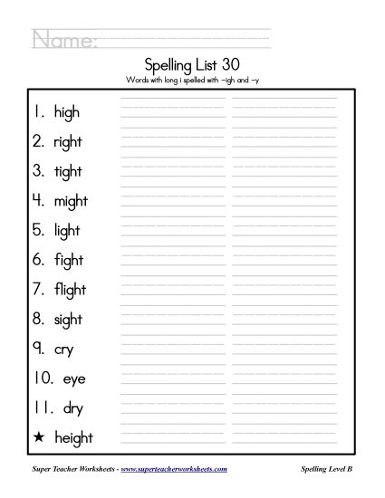 List B-30 - List 30: Word List (Printable PDF Worksheet)