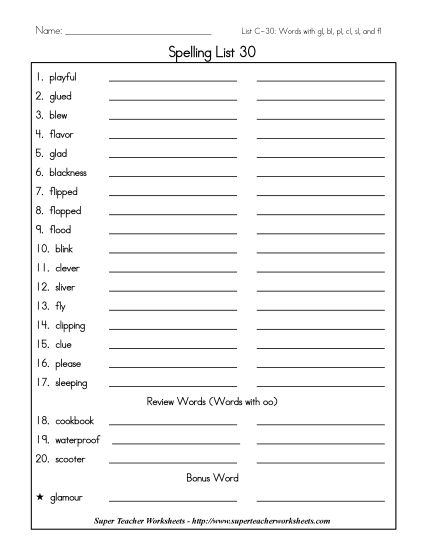 List C-30 - List 30: Word List (Printable PDF Worksheet)