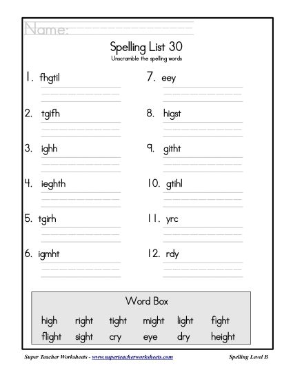 List B-30 - List 30: Word Scramble (Printable PDF Worksheet)