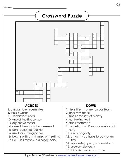 List C-3 - List 3:&nbsp; Crossword Puzzle (Printable PDF Worksheet)