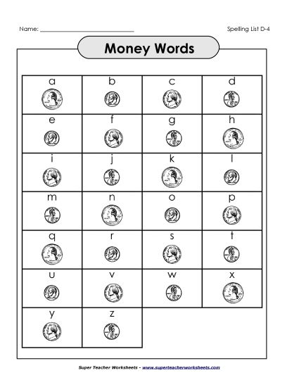 List D-4 - List 4: Money Words (Printable PDF Worksheet)