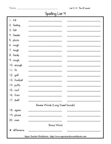 List C-4 - List 4: Word List (Printable PDF Worksheet)