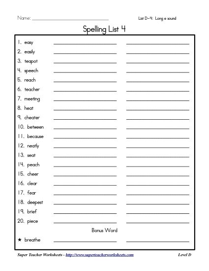 List D-4 - List 4: Word List (Printable PDF Worksheet)