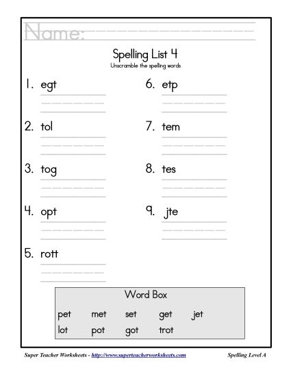 List A-4 - List 4: Word Scramble (Printable PDF Worksheet)