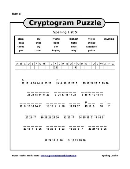 List D-5 - List 5: Cryptogram Puzzle (Printable PDF Worksheet)