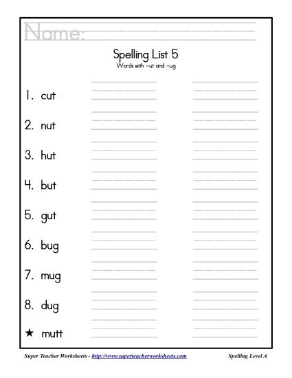 List A-5 - List 5: Word List (Printable PDF Worksheet)