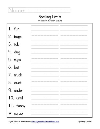 List B-5 - List 5: Word List (Printable PDF Worksheet)