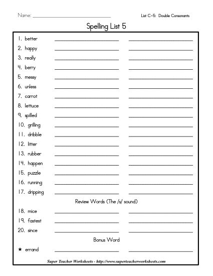 List C-5 - List 5: Word List (Printable PDF Worksheet)