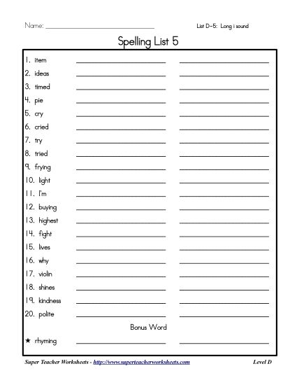 List D-5 - List 5: Word List (Printable PDF Worksheet)