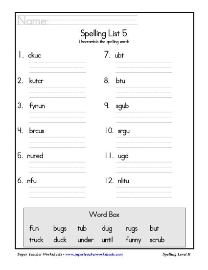 List B-5 - List 5: Word Scramble (Printable PDF Worksheet)