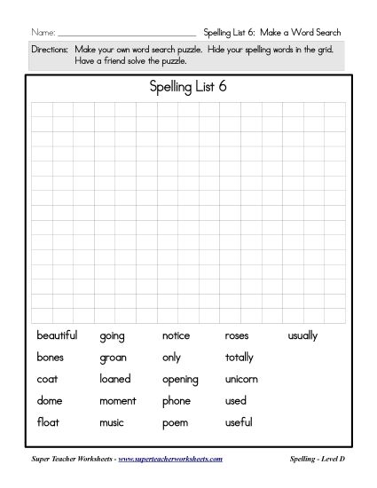 List D-6 - List 6: Make a Word Search (Printable PDF Worksheet)