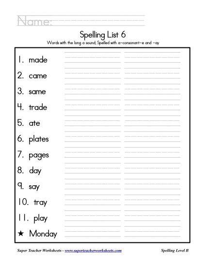 List B-6 - List 6: Word List (Printable PDF Worksheet)