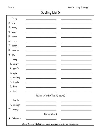 List C-6 - List 6: Word List (Printable PDF Worksheet)