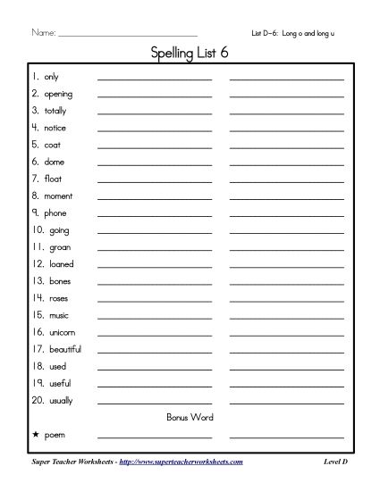 List D-6 - List 6: Word List (Printable PDF Worksheet)