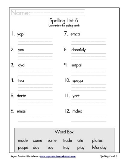 List B-6 - List 6: Word Scramble (Printable PDF Worksheet)