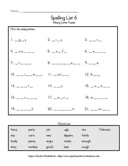 List C-6 - List 6:&nbsp; Missing Letters (Printable PDF Worksheet)
