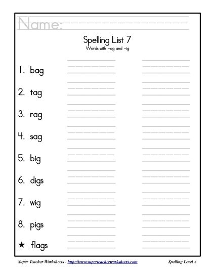 List A-7 - List 7: Word List (Printable PDF Worksheet)
