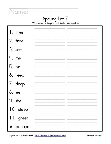 List B-7 - List 7: Word List (Printable PDF Worksheet)