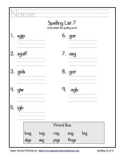 List A-7 - List 7: Word Scramble (Printable PDF Worksheet)