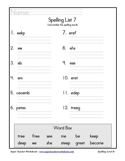 List B-7 - List 7: Word Scramble (Printable PDF Worksheet)
