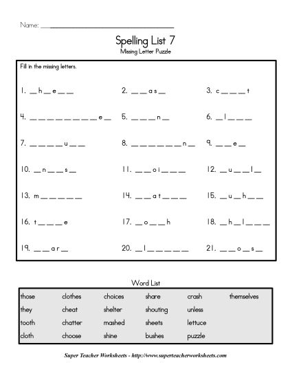 List C-7 - List 7:&nbsp; Missing Letters (Printable PDF Worksheet)