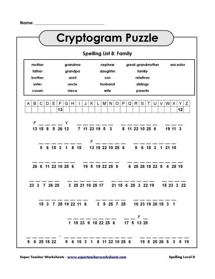 List D-8 - List 8: Cryptogram Puzzle (Printable PDF Worksheet)