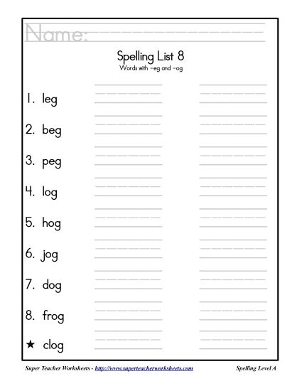 List A-8 - List 8: Word List (Printable PDF Worksheet)