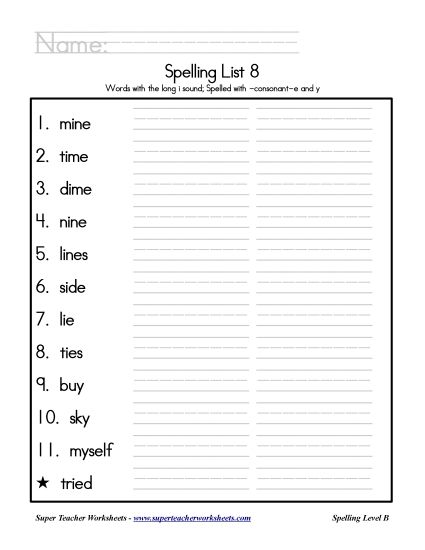 List B-8 - List 8: Word List (Printable PDF Worksheet)