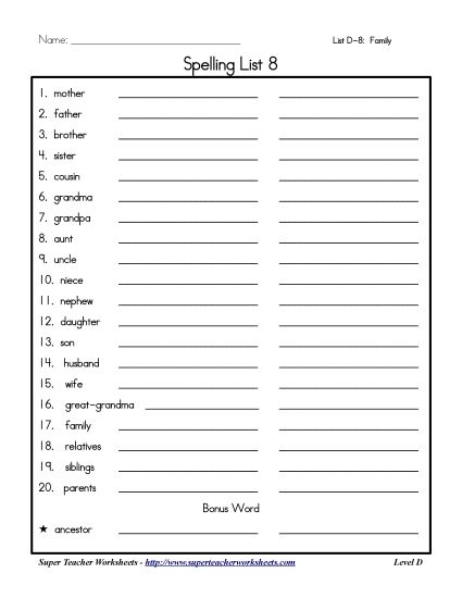 List D-8 - List 8: Word List  (Printable PDF Worksheet)