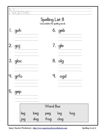 List A-8 - List 8: Word Scramble (Printable PDF Worksheet)