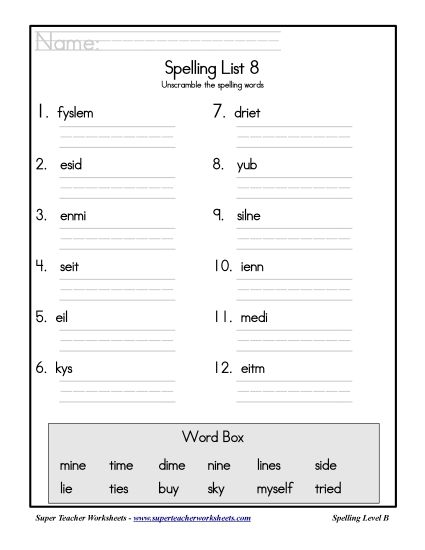 List B-8 - List 8: Word Scramble (Printable PDF Worksheet)