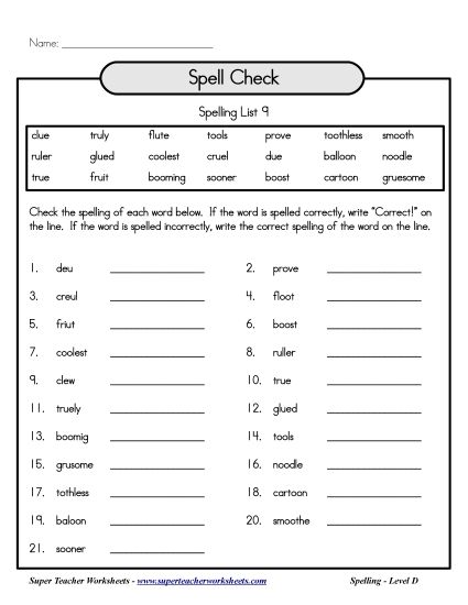 List D-9 - List 9: Spell Check (Printable PDF Worksheet)