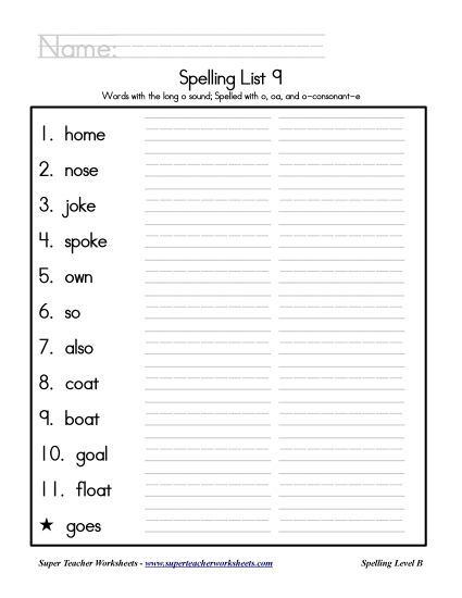 List B-9 - List 9: Word List (Printable PDF Worksheet)