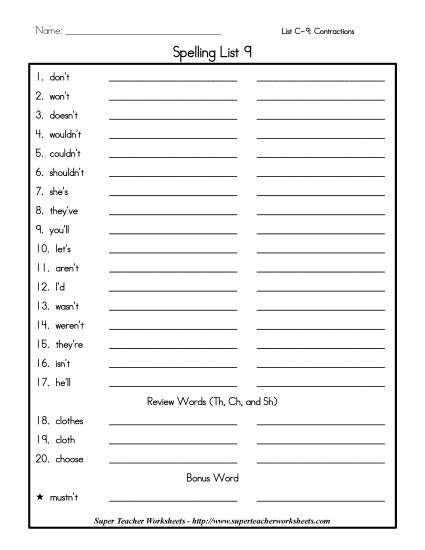 List C-9 - List 9: Word List (Printable PDF Worksheet)
